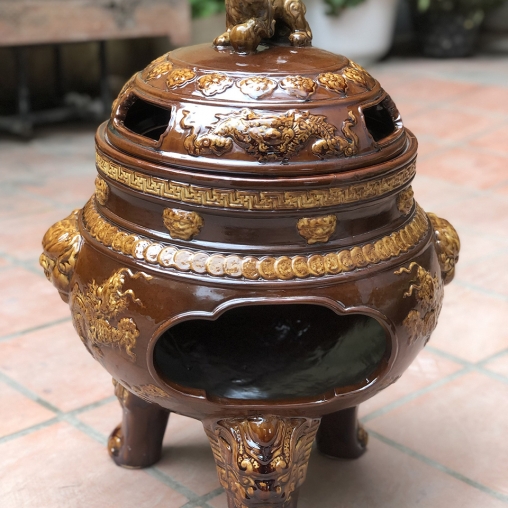 lư hóa vàng bằng gốm men sứ nâu đồng cổ