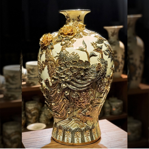 Mai bình Công đào Đắp nổi Vẽ vàng kim sứ trắng tràm